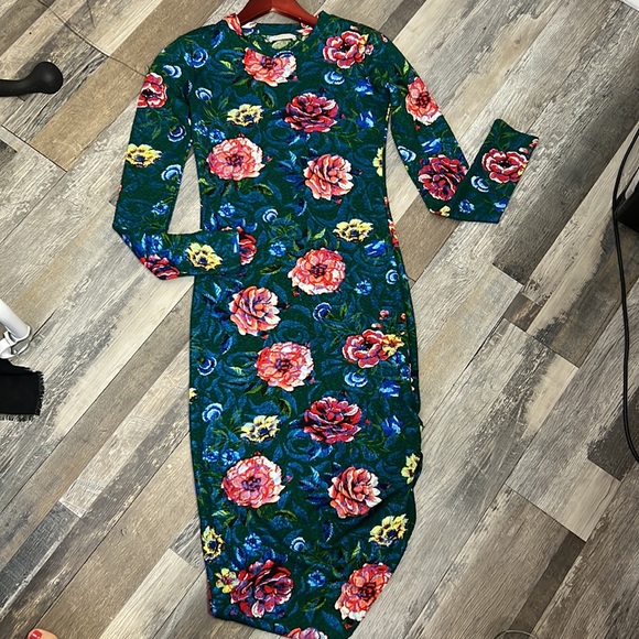 Zara Textured Green Floral Print Dress Gathered Side Size S Long Sleeve Bodycon - Picture 10 of 16